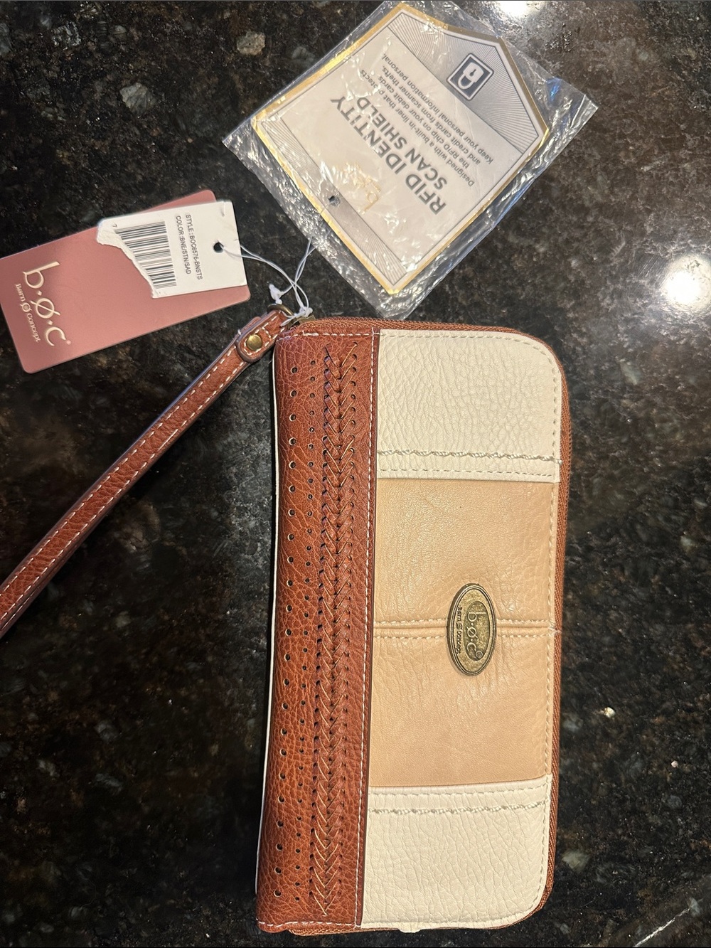 b.o.c. Tri-Panel Leather Wristlet in Brown, Tan & Cream small flaw nwt